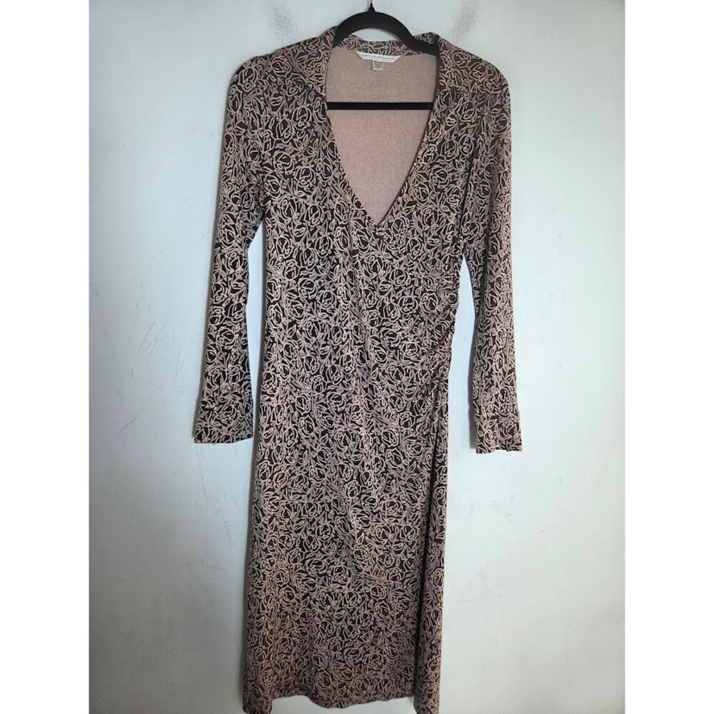 Diane von Furstenberg "Julianetta" Brown Pink 100% Silk Faux Wrap Dress sz Small